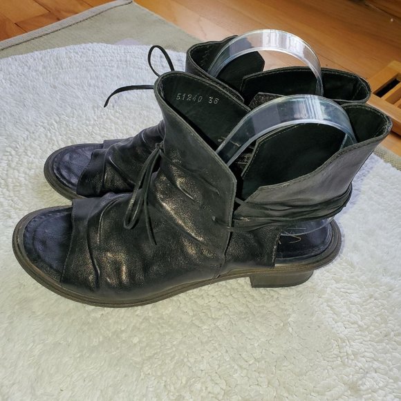 Shoto Handmade Italian Ruched Peep Toe Leather Ankle Booties 36/7 - Picture 4 of 8